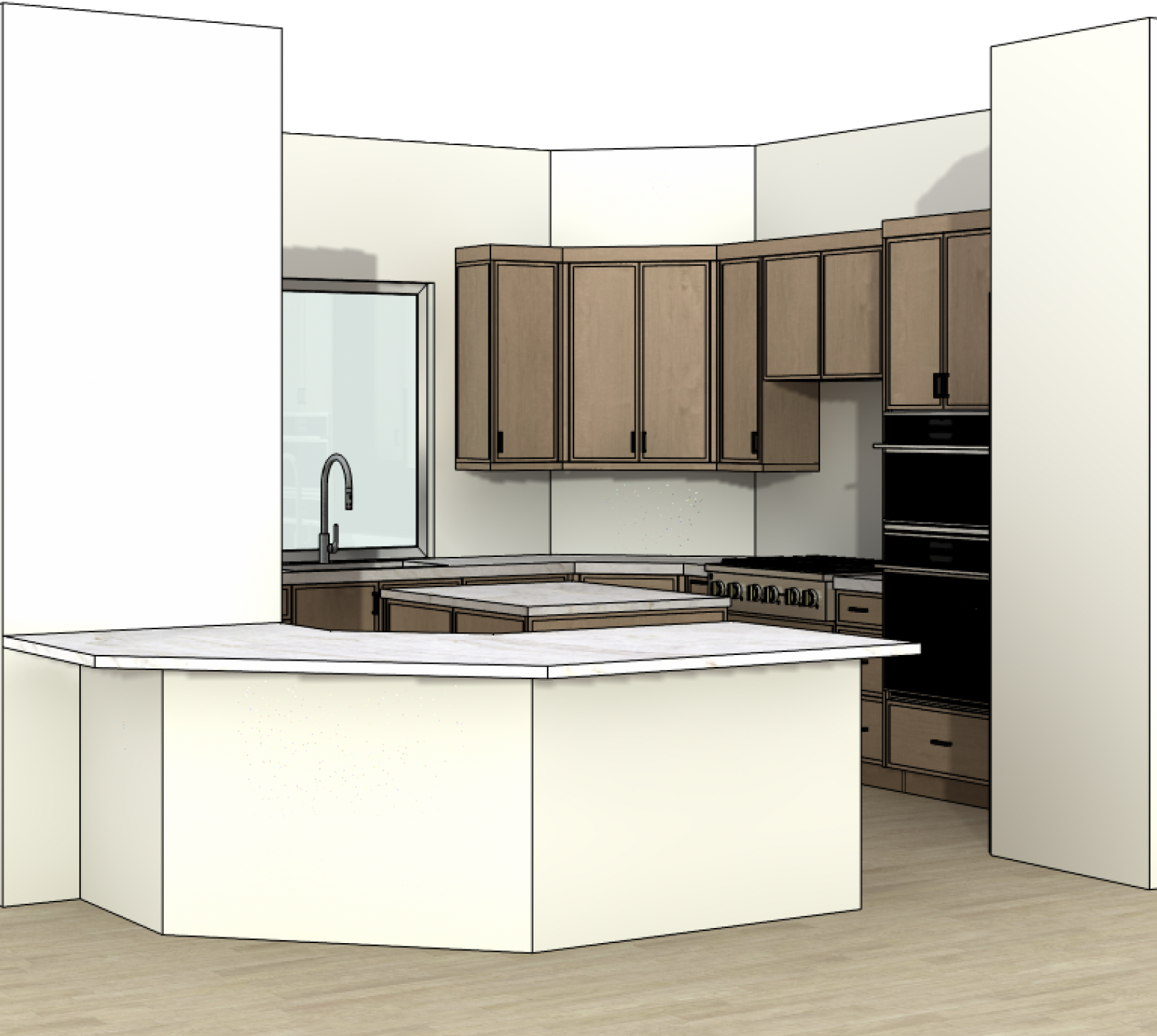 Kitchen design rendering with island, cabinetry, and appliances