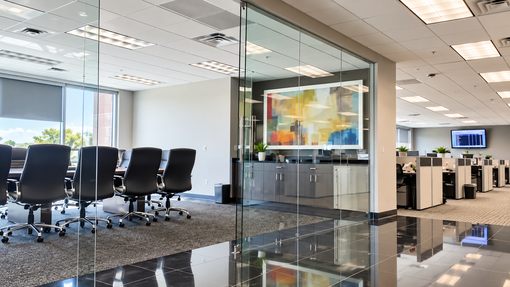 Glass-walled conference room with modern furnishings overlooking open workstations