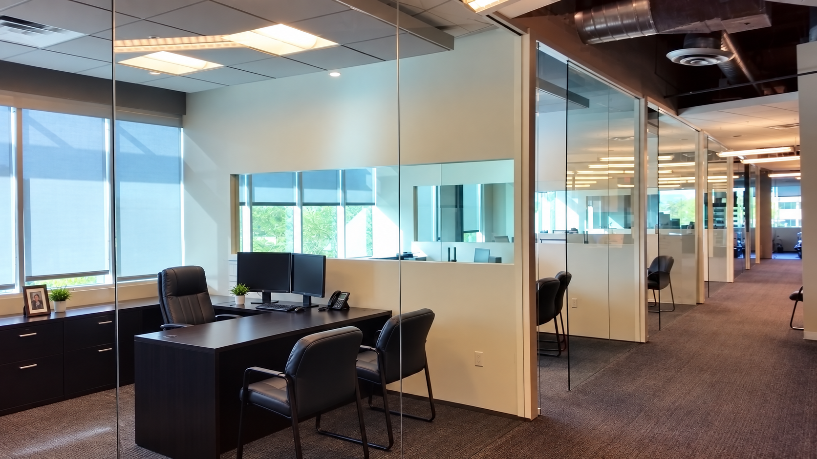 Executive office with glass walls, built-in cabinetry, and natural light